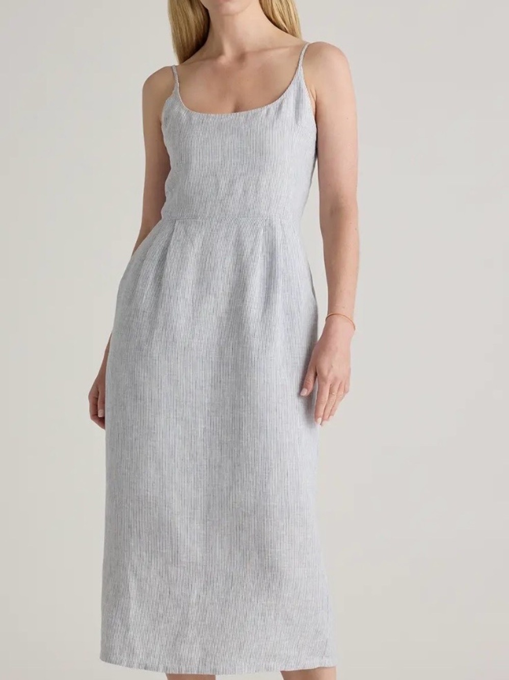 NWT Quince 100% European Linen Scoop Neck Midi Dress Blue Pinstripe XS